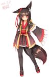  animal_ears artist_name black_legwear blush brown_hair commentary_request dated ear_down eyebrows_visible_through_hair eyes_visible_through_hair fox_ears fox_tail frilled_sleeves frills full_body highres hood hood_down japanese_clothes long_hair minaha_(playjoe2005) obi original pantyhose red_eyes sandals sash sidelocks simple_background sleeves_past_wrists smile solo tail tamani_wakashi white_background wide_sleeves 