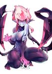  absurdres blue_skin breasts evelynn fiery_hair full_body grin highres large_breasts league_of_legends looking_at_viewer navel pink_hair pointy_ears short_hair skull smile solo squatting thighs weapon wwwazxc yellow_eyes 