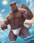  2017 anthro beach bulge clothed clothing feline hi_res lifeguard male mammal muscular muscular_male outside seaside skimpy speedo swimsuit taki_kaze teeth topless water whistle 