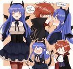  1girl blue_eyes blue_hair blush cape couple demon_girl demon_tail demon_wings dress fire_emblem fire_emblem:_fuuin_no_tsurugi gloves halloween_costume hetero lilina long_hair looking_at_another pantyhose red_hair roy_(fire_emblem) short_hair simple_background smile tail wings wspread 