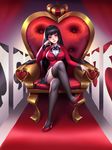  absurdres alternate_legwear bangs black_hair black_legwear black_skirt blunt_bangs blush breasts crossed_legs crown full_body genzai_tankyu-sha high_heels highres hime_cut jabami_yumeko kakegurui large_breasts lips long_hair looking_at_viewer miniskirt parted_lips pleated_skirt red_eyes red_footwear school_uniform sitting skirt solo thighhighs throne very_long_hair zettai_ryouiki 