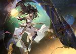  asymmetrical_legwear bangs bare_shoulders barefoot blue_legwear breasts brown_hair commentary_request fate/grand_order fate_(series) floating floating_hair glowing glowing_eyes hair_between_eyes heavenly_boat_maanna holding holding_weapon ishtar_(fate/grand_order) kneehighs light_particles long_legs looking_at_viewer magic medium_breasts navel outstretched_arm pale_skin parted_lips pink_lips planet qmo_(chalsoma) red_eyes revealing_clothes single_kneehigh smile solo space two_side_up weapon 