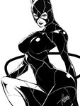  animal_ears batman_(series) bodysuit breasts cat_ears catsuit catwoman commentary_request dc_comics falcoon greyscale large_breasts lipstick makeup monochrome skin_tight slender_waist solo whip 