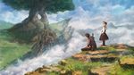  1girl armor beret black_hair blonde_hair blue_sky boots city cliff cloud cloudy_sky commentary_request day fantasy fog giant_tree grass hat original outdoors rock scabbard sheath sheathed shoulder_armor sitting skirt sky spaulders standing sword valley weapon weapon_on_back you_shimizu 