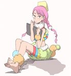  1girl bare_arms barefoot colorful feet fluffy_collar glasses original pink_hair shigetoshisss solo tail thick_eyebrows 