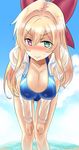  blonde_hair blue_sky blue_swimsuit blush bow breasts cleavage closed_mouth cloud collarbone commentary_request cowboy_shot day flower_knight_girl foreshortening green_eyes hair_bow heterochromia ishizu_kayu ivy_(flower_knight_girl) large_breasts leaning_forward long_hair looking_at_viewer nose_blush one-piece_swimsuit open_clothes open_shirt purple_eyes red_bow see-through shirt sky solo swimsuit wet wet_clothes wet_shirt 