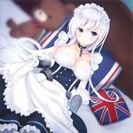  apron azur_lane bangs belfast_(azur_lane) blue_eyes blush braid breasts closed_mouth commentary_request eyebrows_visible_through_hair frilled_apron frills gloves kanora large_breasts long_hair looking_at_viewer lying on_back on_bed silver_hair smile solo union_jack waist_apron white_gloves white_hair 