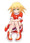  aosa_(momikin) bike_shorts blonde_hair cabbie_hat full_body gloves green_eyes hat jacket long_hair looking_at_viewer red_jacket red_shorts rockman rockman_dash roll_caskett shorts solo white_background 