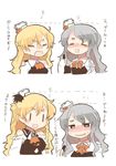  bare_shoulders blonde_hair blush bottle bow bowtie braid commentary_request drunk eyebrows_visible_through_hair flying_sweatdrops french_braid grey_hair hair_between_eyes hat height_difference holding holding_bottle kantai_collection long_hair mini_hat multiple_girls open_mouth pola_(kantai_collection) rebecca_(keinelove) red_bow remodel_(kantai_collection) shirt side_braid simple_background smile sweatdrop thick_eyebrows tilted_headwear translated upper_body wavy_hair white_background white_shirt zara_(kantai_collection) |_| 