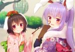  2girls animal_ears bamboo bamboo_forest black_gloves black_hair blush bunny_ears bush commentary_request floppy_ears flower forest fur-trimmed_kimono fur_trim gloves hair_flower hair_ornament heart inaba_tewi japanese_clothes kimono lavender_hair looking_at_viewer multiple_girls nature nnyara obi open_mouth paddle paint_on_face paintbrush ponytail red_eyes reisen_udongein_inaba sash touhou tree twitter_username upper_body 