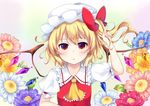  ascot bangs blonde_hair bow flandre_scarlet flower gradient gradient_background hair_bow hair_twirling hand_up hat highres index_finger_raised looking_at_viewer miy@ mob_cap one_side_up puffy_short_sleeves puffy_sleeves red_bow red_eyes short_sleeves solo touhou upper_body vest white_hat wings 