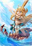  :d blonde_hair blue_eyes blush charlotta_fenia cloud commentary crown day eyebrows_visible_through_hair frilled_swimsuit frills full_body granblue_fantasy hair_between_eyes hair_ornament hand_on_hip harvin long_hair navel open_mouth outdoors outstretched_arm pointy_ears sky smile standing star star_hair_ornament striped striped_swimsuit swimsuit very_long_hair water xion_(nyoxion) 