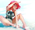  1girl bangs black_swimsuit blush breasts covered_navel dress earrings fingerless_gloves gloves headpiece highres homura_(xenoblade_2) jewelry large_breasts looking_at_viewer nintendo open_mouth red_eyes red_hair red_shorts short_hair shorts shrimqsleeq simple_background smile solo swept_bangs swimsuit tiara xenoblade_(series) xenoblade_2 