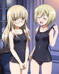  2girls blonde_hair blush breasts erica_hartmann eyes_closed glasses multiple_girls perrine_h_clostermann short_hair small_breasts smile strike_witches swimsuit swimwear world_witches_series yellow_eyes 