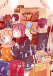  6+girls bag blonde_hair blush book brown_hair canon cover hair_ornament hairclip iizuka_yuzu ikeno_kaede long_hair minami_shizuku multiple_girls noda_kotone official official_art pink_hair purple_hair ribbon sakura_trick scarf scrunchie shop shopping short_hair silver_eyes sonoda_yuu tachi_(gutsutoma) takayama_haruka yuri 