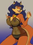  2019 anthro big_breasts blue_hair breasts canid canine carmelita_fox choker clothing digital_media_(artwork) ear_piercing female fox fur hair huge_breasts lingerie mammal nightgown nipples panties piercing simple_background sly_cooper_(series) smile solo stogiegoat translucent transparent_clothing underwear video_games 