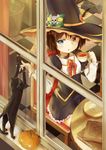  bad_id bad_pixiv_id black_cat black_hair blue_eyes cat chair commentary_request cup hat highres holding original racchi. short_hair sitting solo table tea teacup window witch_hat 