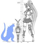  anchor animal_ears armband asymmetrical_legwear breasts bunny_ears commentary_request comparison detached_sleeves full_body giantess godzilla godzilla_(series) greyscale hair_intakes hand_on_hip hatching_(texture) headgear height height_chart highres kantai_collection lineup long_hair medium_breasts microskirt monochrome multiple_girls navel pleated_skirt ponytail seo_tatsuya shimakaze_(kantai_collection) shin_godzilla simple_background size_difference sketch skirt standing striped striped_legwear thighhighs thong translated very_long_hair white_background yamato_(kantai_collection) zettai_ryouiki 