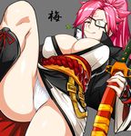  baiken breasts cleavage commentary covered_nipples eyepatch facial_mark facial_tattoo fundoshi guilty_gear highres japanese_clothes katana kimono large_breasts long_hair long_sleeves looking_at_viewer obi okyou one-eyed open_clothes open_kimono pink_eyes pink_hair ponytail rokushaku_fundoshi sash scar scar_across_eye solo stalk_in_mouth sword tattoo thighs underwear weapon wide_sleeves 