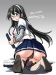  arm_warmers ass black_hair black_panties blue_sailor_collar blue_skirt character_name clipboard dated full_body glasses gradient gradient_background grey_background hairband hip_vent kantai_collection kneeling long_hair ooyodo_(kantai_collection) panties pleated_skirt sailor_collar school_uniform semi-rimless_eyewear serafuku skirt solo tatsumi_ray thighhighs twitter_username under-rim_eyewear underwear white_hairband 