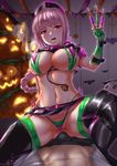  1girl abs ass bangs belt between_breasts between_fingers bikini black_footwear boots braid breasts bulge candle covered_nipples eba_uenihane eyebrows_visible_through_hair fate/grand_order fate_(series) florence_nightingale_(fate/grand_order) garter_straps gloves green_gloves green_legwear halloween hetero highres indoors jack-o'-lantern large_breasts layered_bikini long_hair looking_at_viewer microskirt multicolored multicolored_bikini multicolored_clothes navel open_clothes open_mouth open_shirt pink_hair red_eyes revealing_clothes shirt shrug_(clothing) side-tie_bikini single_braid skirt spread_legs stethoscope straddling swimsuit syringe thigh_boots thighhighs trick_or_treatment very_long_hair 