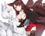  akagi_(azur_lane) animal_ears azur_lane bangs black_legwear blue_eyes blush breasts brown_hair commentary_request dutch_angle eyebrows_visible_through_hair fang fox_ears fox_mask fox_tail hair_tubes hakama_skirt holding holding_mask japanese_clothes kaga_(azur_lane) kitsune large_breasts long_hair looking_at_viewer mask multiple_girls multiple_tails obi parted_bangs pleated_skirt red_eyes red_skirt sabet_(young_ouo) sash short_hair simple_background skirt smile tail thighhighs very_long_hair white_background white_hair 