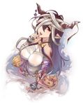  2017 antenna_hair areolae arm_grab artist_name bandaged_arm bandaged_head bandages black_gloves blood bloody_bandages blush bow breasts brown_hair danua doll draph eyebrows_visible_through_hair fingerless_gloves from_above gloves granblue_fantasy gretel_(granblue_fantasy) hair_between_eyes halloween hansel_(granblue_fantasy) horn_ornament horns jack-o'-lantern large_breasts long_hair open_mouth pointy_ears red_eyes saliva senasky star thumb_to_mouth upper_body white_background 