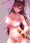  animal_ears atago_(azur_lane) azur_lane bikini black_hair blush breasts brown_eyes commentary cowboy_shot extra_ears eyebrows_visible_through_hair flower fuchi_(hilt) hair_flower hair_ornament katana koshirae large_breasts long_hair looking_at_viewer mole mole_under_eye navel nicoby sheath sheathed smile solo swimsuit sword tsuba_(guard) tsuka-ito tsuka_(handle) umbrella weapon white_bikini 