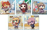  ahoge artoria_pendragon_(all) bag bird blonde_hair blue_eyes brown_hair cash_register chaldea_uniform chibi chicken fate/grand_order fate_(series) flag fujimaru_ritsuka_(female) glasses jeanne_d'arc_(fate) jeanne_d'arc_(fate)_(all) lawson leonardo_da_vinci_(fate/grand_order) mash_kyrielight multiple_girls official_art on_head orange_hair pantyhose plastic_bag purple_eyes purple_hair riyo_(lyomsnpmp) saber sharp_teeth swinging tears teeth yellow_eyes 