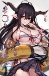  between_breasts bikini breasts bright_pupils cleavage closed_mouth crescent danua draph front-tie_bikini front-tie_top granblue_fantasy grey_background hair_between_eyes hand_to_own_mouth highres horn_ornament horns huge_breasts innertube jewelry looking_at_viewer necklace oyu_(sijimisizimi) pointy_ears purple_hair red_eyes sarong shaded_face side-tie_bikini sidelocks simple_background skindentation solo swimsuit twitter_username underboob white_bikini 