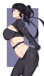  :d black_gloves black_hair black_pants blush breasts brown_eyes cowboy_shot eyebrows_visible_through_hair fingerless_gloves gloves grin highres kagami_kanaka large_breasts leaning_forward long_hair looking_at_viewer looking_to_the_side navel open_mouth own_hands_together pants pointy_nose ponytail purple_background skindentation smile solo standing teeth tight tight_pants tsugumomo tsurime two-tone_background urec 