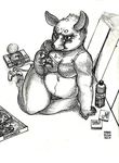  2017 anthro arkomeda bed beverage blush breasts caprine female food fur greyscale hair hi_res invalid_tag mammal marsupial monochrome navel pizza playstation poppy_o&#039;possum poppy_opossum simple_background sitting slightly_chubby soda solo thick_thighs traditional_media_(artwork) video_games 