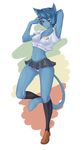  2017 5_fingers anime anthro blue_eyes blue_fur blue_hair breasts cartoon_network cat cleavage clothed clothing feline female fur gefurg_(artist) hair half-closed_eyes hand_behind_back hand_on_face hi_res long_socks looking_at_viewer mammal midriff miniskirt navel nicole_watterson nipples panties panty_shot portrait raised_arm short_hair simple_background skirt smile solo the_amazing_world_of_gumball underwear white_background 