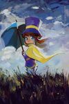  a_hat_in_time blue_eyes brown_hair cloud cloudy_sky flower grass hat hat_kid jenna_brown official_art parody ponytail sky solo top_hat umbrella 