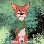  animal_genitalia animal_penis balls canine canine_penis clothing dialogue disney embarrassed foliage forest fox kitsune_neko-chan male mammal nude outside penis presenting robin_hood robin_hood_(disney) sheath solo tagme teeth tree undressing 