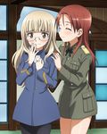  2girls blonde_hair blush breasts eyes_closed glasses large_breasts minna-dietlinde_wilcke multiple_girls perrine_h_clostermann red_hair small_breasts smile strike_witches world_witches_series yellow_eyes yuri 