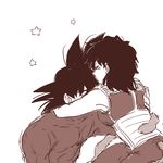  1girl armor back_turned bardock black_eyes black_hair closed_eyes couple dragon_ball forehead_kiss gine hetero hug kiss miiko_(drops7) monochrome sepia short_hair simple_background star tail white_background 