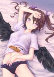  1girl arm_up bangs bed_sheet black_panties black_wings blush breasts brown_hair calligraphy_brush cellphone collarbone commentary_request cowboy_shot eyebrows_visible_through_hair feathered_wings frilled_panties frills hair_between_eyes hair_ribbon highres himekaidou_hatate long_hair looking_at_viewer lying medium_breasts midriff navel no_pants on_back paintbrush panties phone pointy_ears purple_eyes purple_ribbon purple_shirt ribbon roke_(taikodon) shadow shirt short_sleeves solo stomach swept_bangs thighs touhou underwear wings 