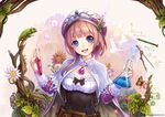  :d absurdres atelier_(series) atelier_rorona bangs belt blunt_bangs blush breasts brown_hair bug butterfly cape chameleon chemistry cleavage compass_(instrument) corset erlenmeyer_flask eyebrows_visible_through_hair flower frills hat hat_feather head_tilt highres holding insect jurrig leaf long_hair long_sleeves looking_at_viewer md5_mismatch medium_breasts open_mouth pencil pink_hat polka_dot polka_dot_background rororina_fryxell smile solo test_tube white_cape 