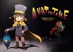  2girls ;d a_hat_in_time aerosol_(artist) boots brown_hair cape dated hand_on_hip hat hat_kid hood hourglass image_sample multiple_girls mustache_girl one_eye_closed open_mouth ponytail signature smile star top_hat tumblr_sample umbrella zipper zipper_pull_tab 