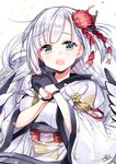  :d artist_name azur_lane bangs black_gloves commentary_request eyebrows_visible_through_hair flower gloves green_eyes hair_flower hair_ornament half_gloves highres japanese_clothes kanzashi kimono long_hair looking_at_viewer obi open_mouth own_hands_together partly_fingerless_gloves red_flower sash shoukaku_(azur_lane) signature silver_hair smile solo spider_lily tareme upper_body white_kimono wide_sleeves yukiko_(tesseract) 