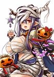  antenna_hair bandages black_hair blush bow breasts claw_pose commentary danua doll draph granblue_fantasy gretel_(granblue_fantasy) hair_between_eyes halloween hansel_(granblue_fantasy) horn_ornament horns jack-o'-lantern large_breasts long_hair looking_at_viewer md5_mismatch open_mouth pointy_ears red_bow red_eyes sitting sketch star unname white_background 