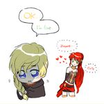  blonde_hair blue_eyes blush chibi chuu english genderswap genderswap_(mtf) green_eyes jaune_arc lowres multiple_girls pyrrha_nikos red_hair rwby sad yuri 