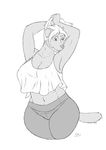  2017 anthro biped breasts camisole cleavage clothed clothing digital_media_(artwork) female front_view greyscale hair half-length_portrait hands_above_head hi_res looking_away mammal midriff mink momosukida monochrome mustelid nipple_bulge pants portrait signature simple_background snout solo standing white_background wide_hips 