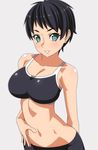  black_hair bra breasts ear_piercing earrings green_eyes jewelry large_breasts original piercing ra-pen short_hair solo sports_bra underwear 