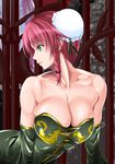  bare_shoulders braid breasts bun_cover chinese cleavage collarbone commentary_request dress earrings elbow_gloves gate gloves green_dress green_eyes green_gloves hong_meiling huge_breasts jewelry leaning_forward lips looking_to_the_side maho_(yakimorokoshi) profile red_hair short_hair_with_long_locks smile solo stud_earrings toned touhou 