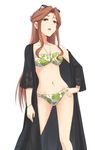  bikini black_robe brown_eyes brown_hair contrapposto cowboy_shot eyewear_on_head idolmaster idolmaster_cinderella_girls leaf_print lips long_hair looking_at_viewer multicolored multicolored_bikini multicolored_clothes shizupu simple_background solo standing swimsuit white_background zaizen_tokiko 