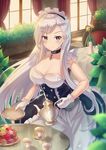  azur_lane bangs belfast_(azur_lane) braid breasts chain cleavage closed_mouth collar collarbone commentary_request cowboy_shot cup dress food french_braid gloves highres holmemee large_breasts long_hair looking_at_viewer macaron maid maid_headdress purple_eyes silver_hair smile solo teacup teapot white_gloves 