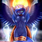 2017 absurd_res anthro anthrofied areola blue_hair blush breasts clothing equine eyes_closed fangs feathered_wings feathers female friendship_is_magic hair hi_res horn legwear lightning long_hair looking_at_viewer mammal my_little_pony navel nipples outside princess_luna_(mlp) pussy solo spread_wings striped_legwear stripes twistedscarlett60 winged_unicorn wings 