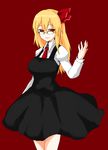 alternate_hairstyle bespectacled black_dress black_skirt blonde_hair breasts dress glasses han_(jackpot) highres juliet_sleeves large_breasts light_smile long_sleeves looking_at_viewer medium_hair older puffy_sleeves red_background red_eyes red_neckwear red_ribbon ribbon ringed_eyes rumia shirt simple_background skirt solo touhou white_shirt 